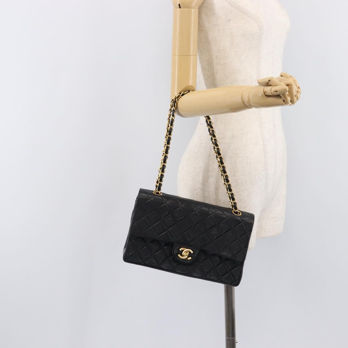 CHANEL Matelasse 25 Double Flap Chain Bag Lamb Skin Black Gold CC Auth 214024SAM