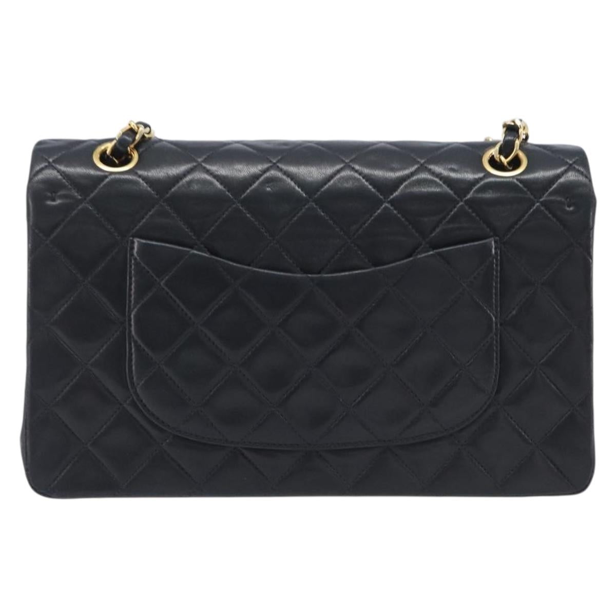 CHANEL Matelasse 25 Double Flap Chain Bag Lamb Skin Black Gold CC Auth 214024SAM
