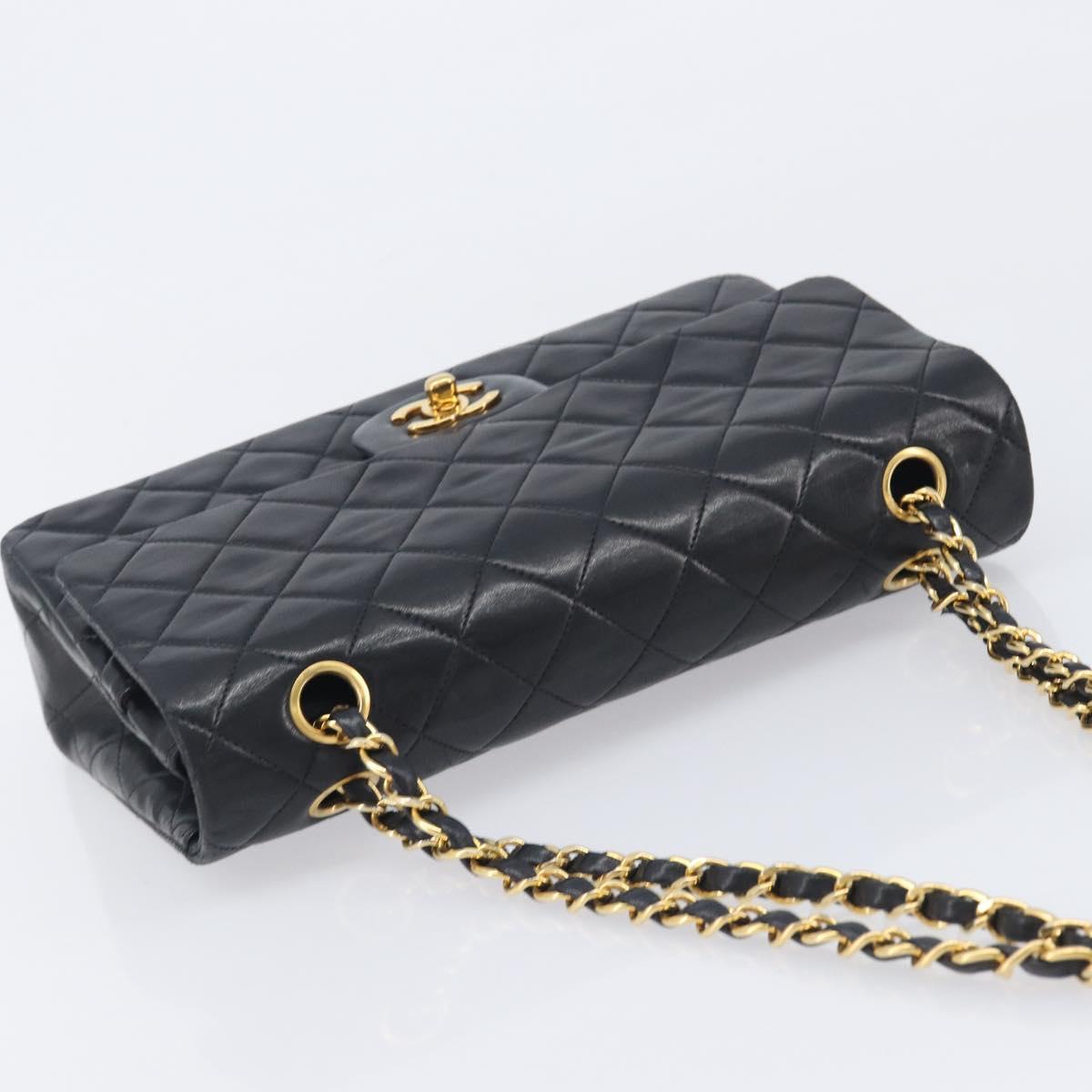 CHANEL Matelasse 25 Double Flap Chain Bag Lamb Skin Black Gold CC Auth 214024SAM