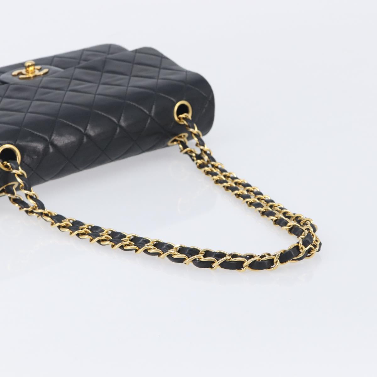 CHANEL Matelasse 25 Double Flap Chain Bag Lamb Skin Black Gold CC Auth 214024SAM