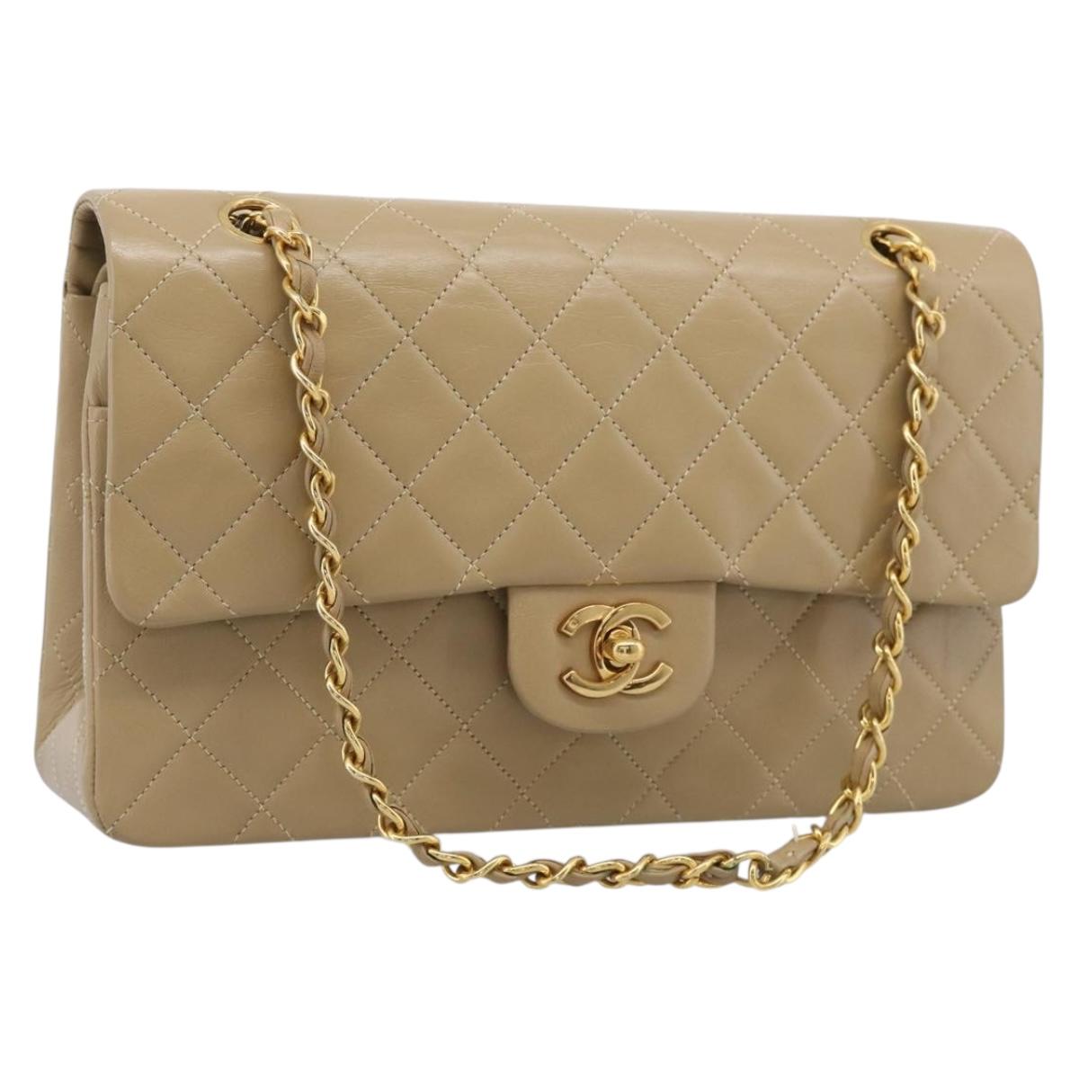CHANEL Matelasse 25 Chain Shoulder Bag Lamb Skin Beige Gold CC Auth 214025SAM