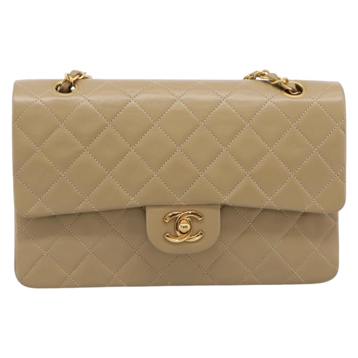 CHANEL Matelasse 25 Chain Shoulder Bag Lamb Skin Beige Gold CC Auth 214025SAM