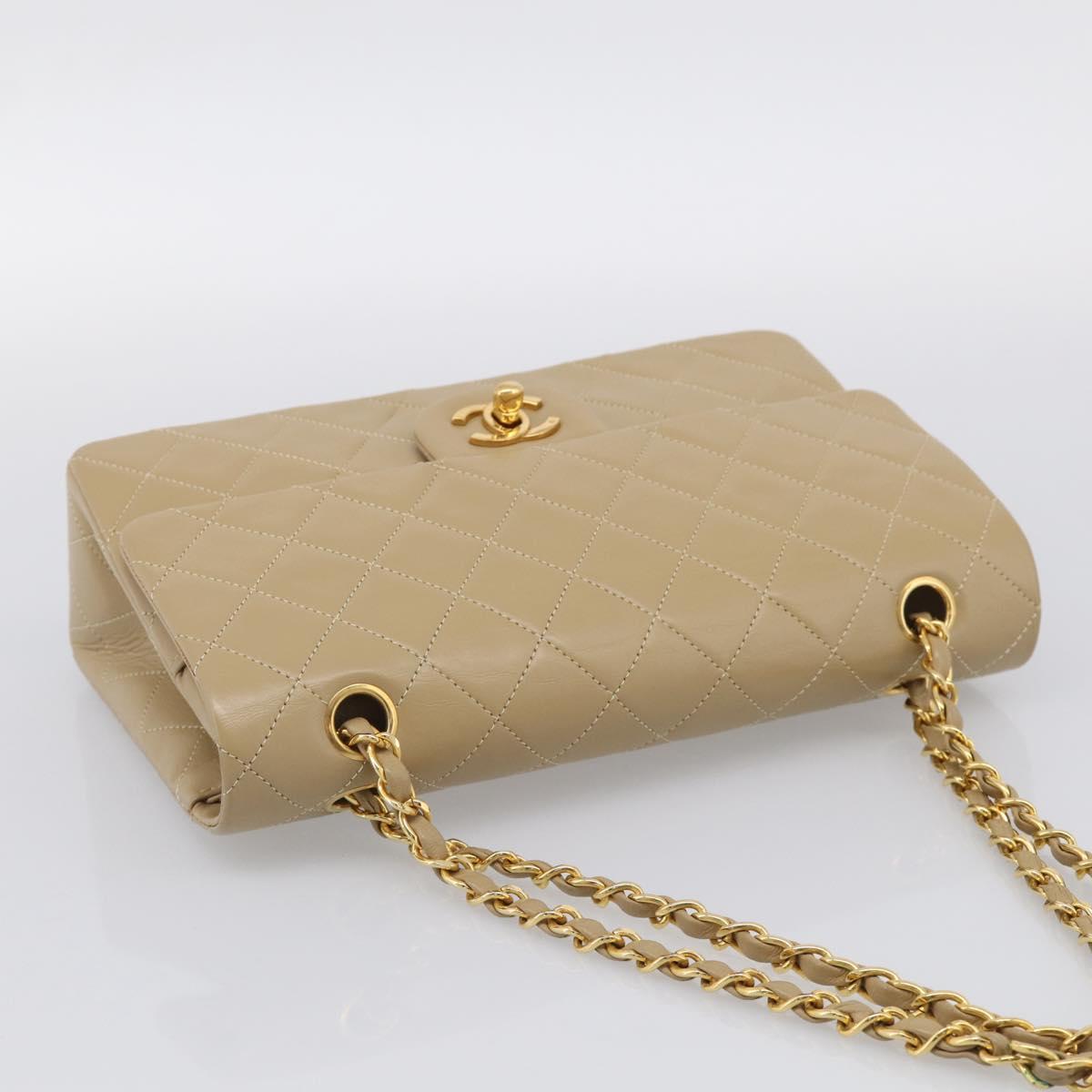 CHANEL Matelasse 25 Chain Shoulder Bag Lamb Skin Beige Gold CC Auth 214025SAM