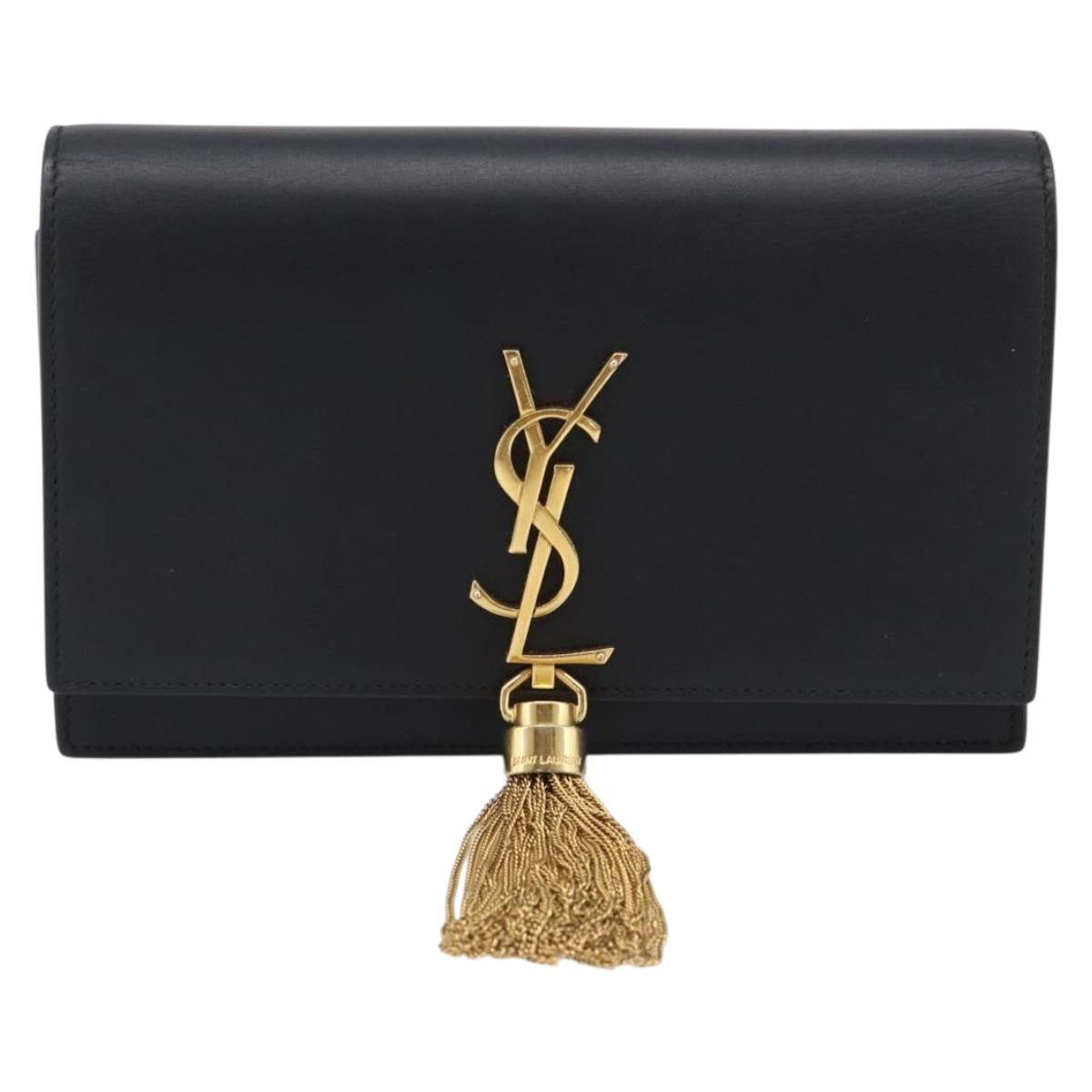 Saint Laurent Kate Chain Wallet Leather Gold Black Auth 214029M