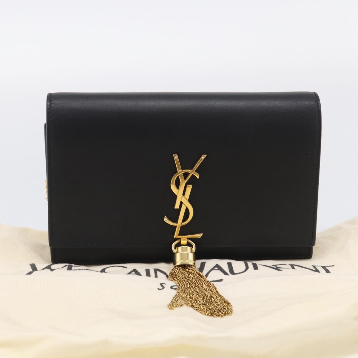 Saint Laurent Kate Chain Wallet Leather Gold Black Auth 214029M