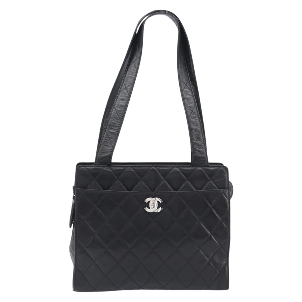 CHANEL Matelasse Tote Bag Lamb Skin Black Silver CC Auth 214030V