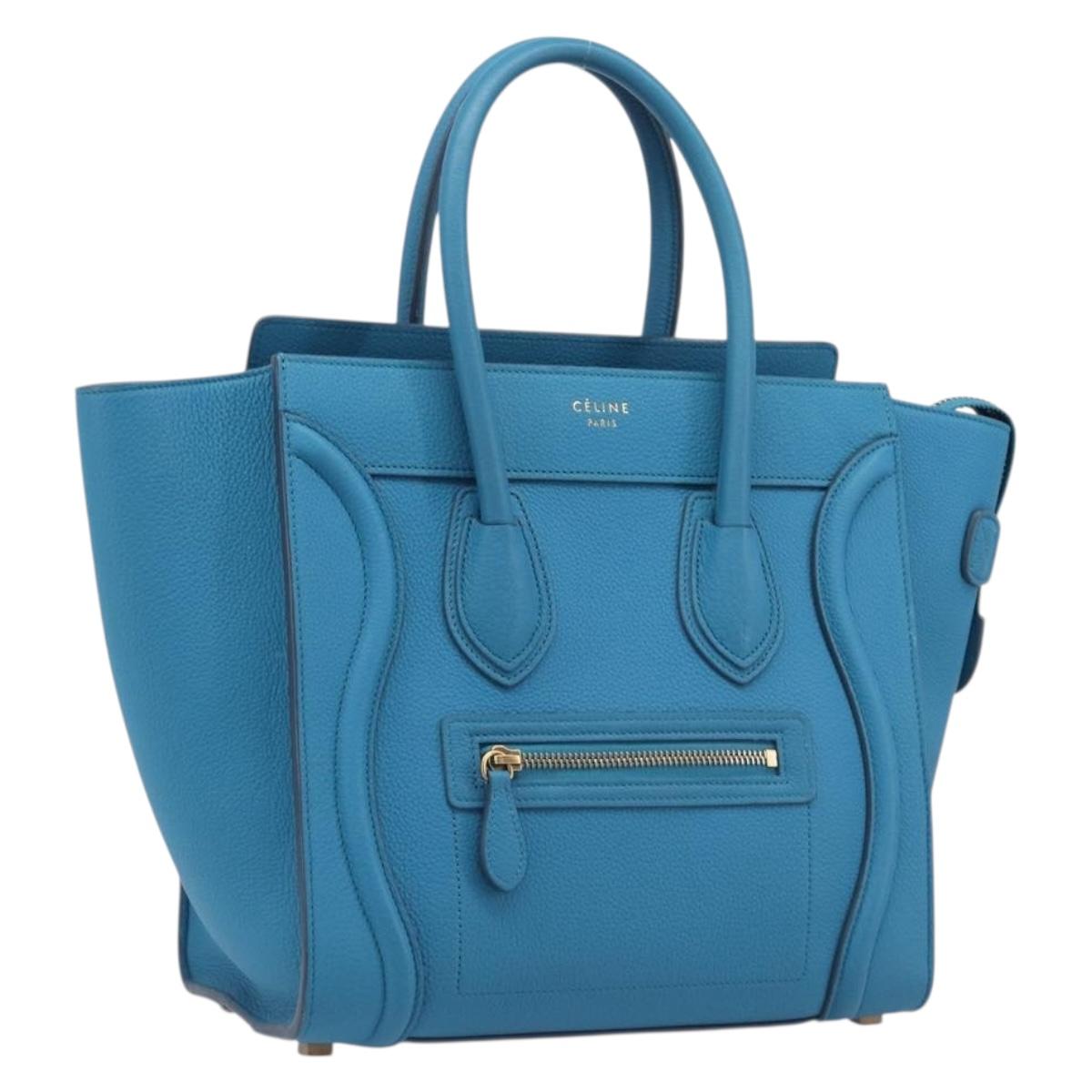 CELINE Luggage Micro Shopper Hand Bag Leather Blue Gold Auth 214041SAM