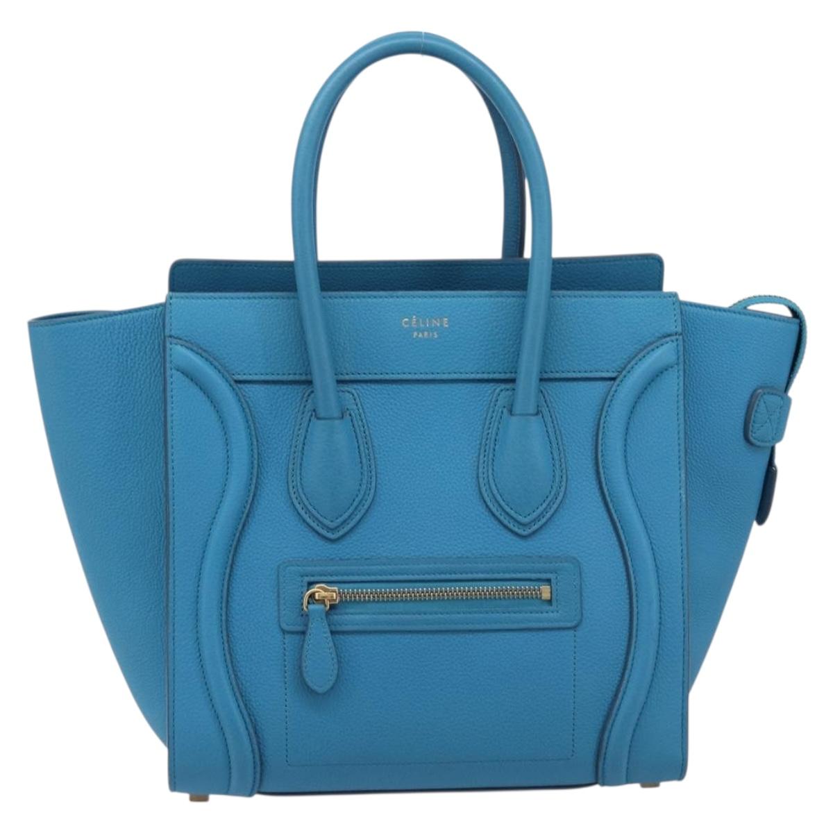 CELINE Luggage Micro Shopper Hand Bag Leather Blue Gold Auth 214041SAM