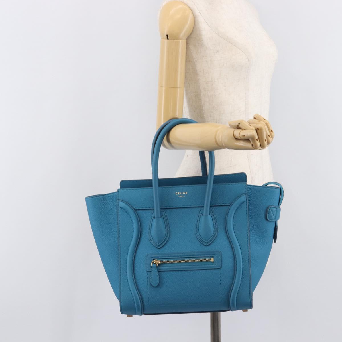CELINE Luggage Micro Shopper Hand Bag Leather Blue Gold Auth 214041SAM