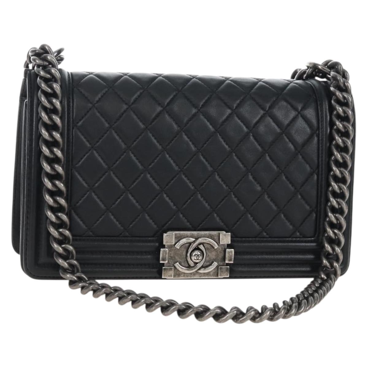 CHANEL Boy Chanel Chain Shoulder Bag Lamb Skin Black Silver CC Auth 214047SAM