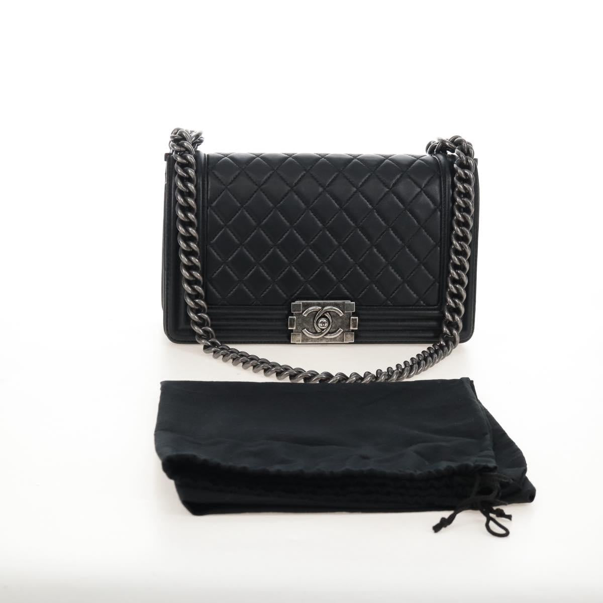 CHANEL Boy Chanel Chain Shoulder Bag Lamb Skin Black Silver CC Auth 214047SAM