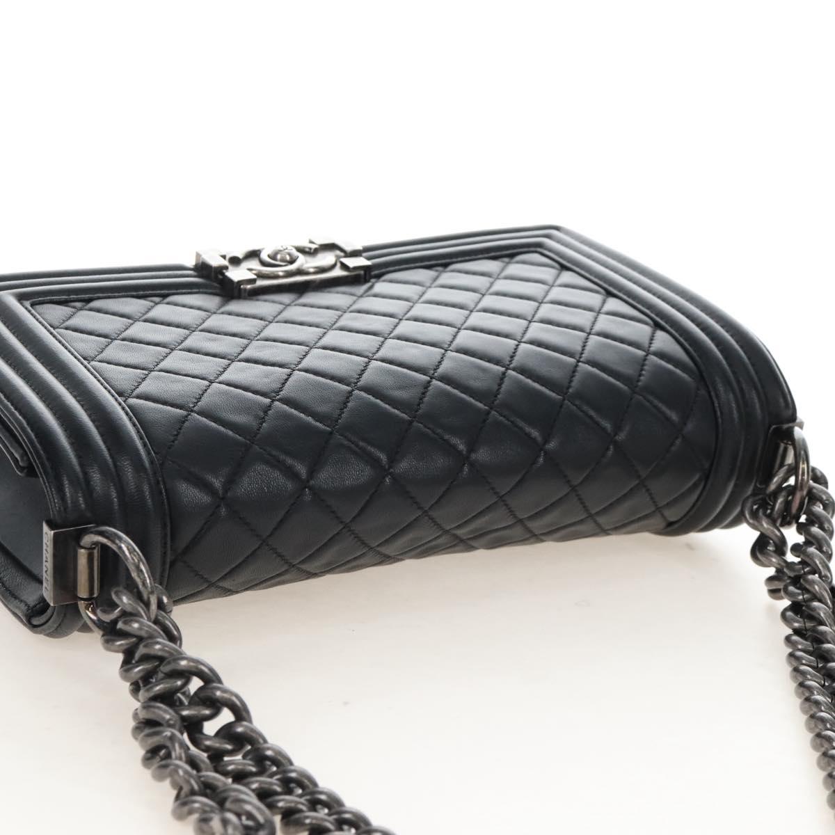 CHANEL Boy Chanel Chain Shoulder Bag Lamb Skin Black Silver CC Auth 214047SAM