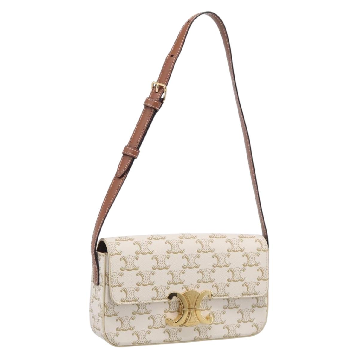 CELINE Triomphe Claude Shoulder Bag Leather White Gold Auth 214052M