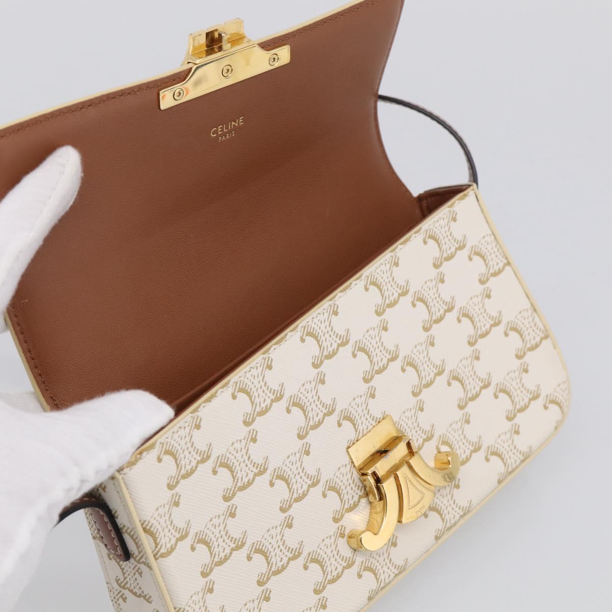 CELINE Triomphe Claude Shoulder Bag Leather White Gold Auth 214052M