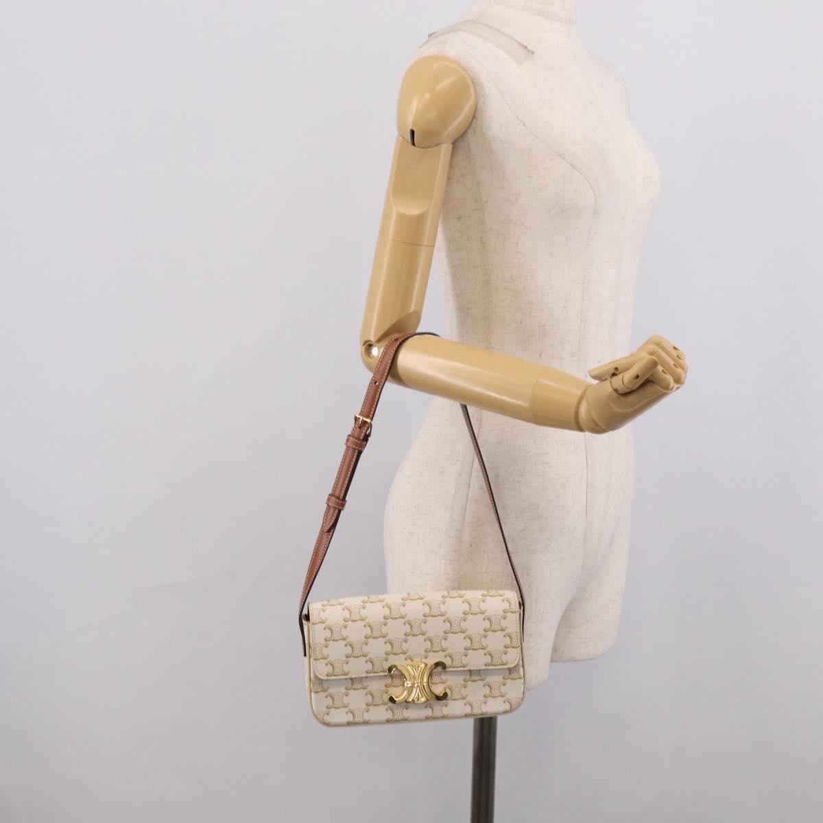 CELINE Triomphe Claude Shoulder Bag Leather White Gold Auth 214052M