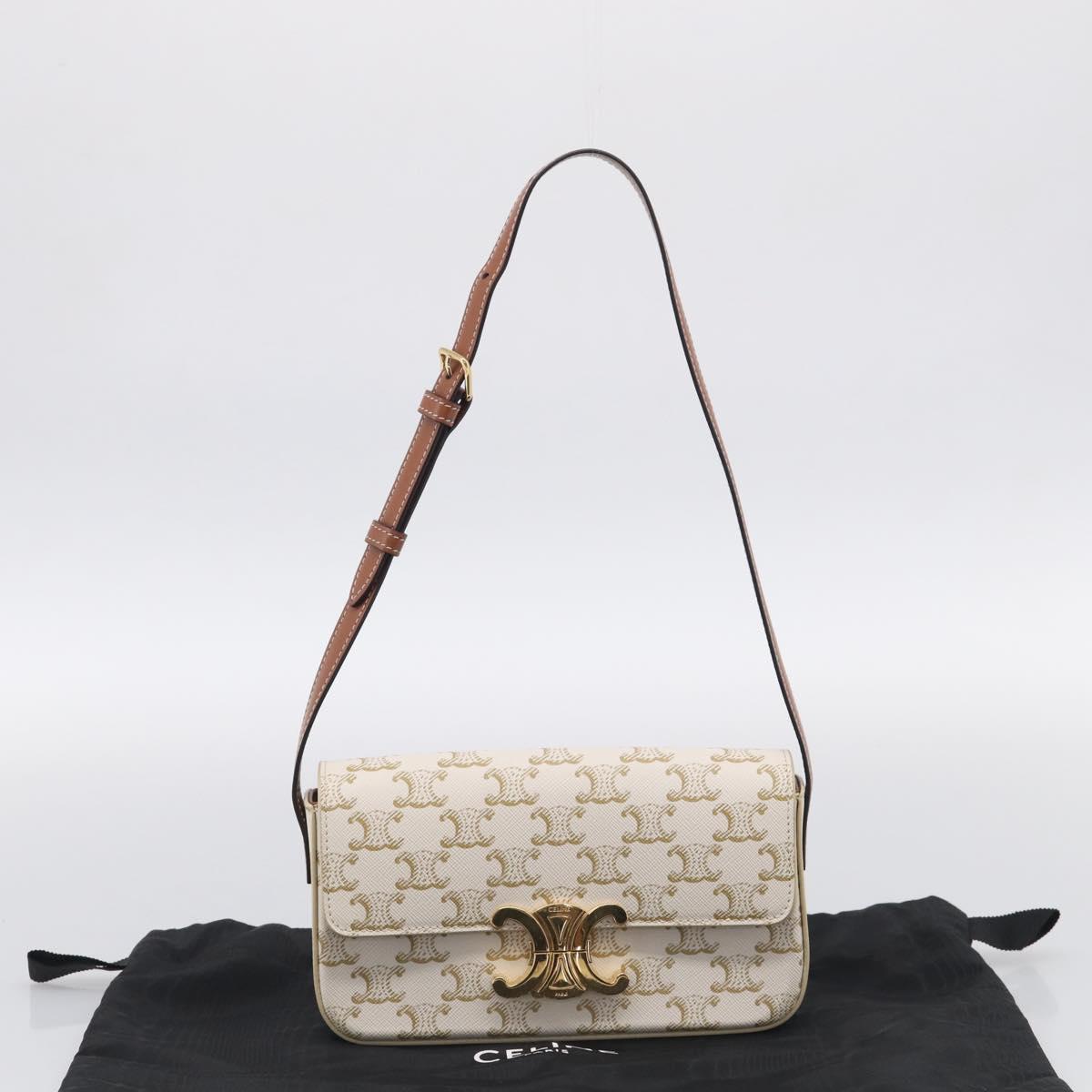 CELINE Triomphe Claude Shoulder Bag Leather White Gold Auth 214052M