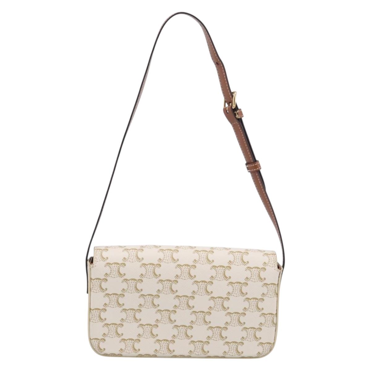 CELINE Triomphe Claude Shoulder Bag Leather White Gold Auth 214052M