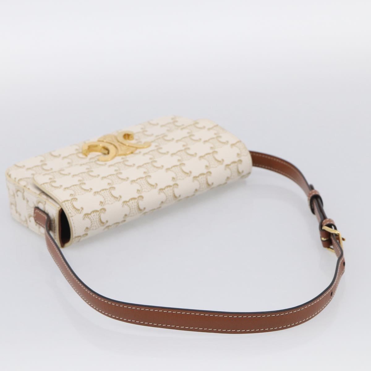 CELINE Triomphe Claude Shoulder Bag Leather White Gold Auth 214052M