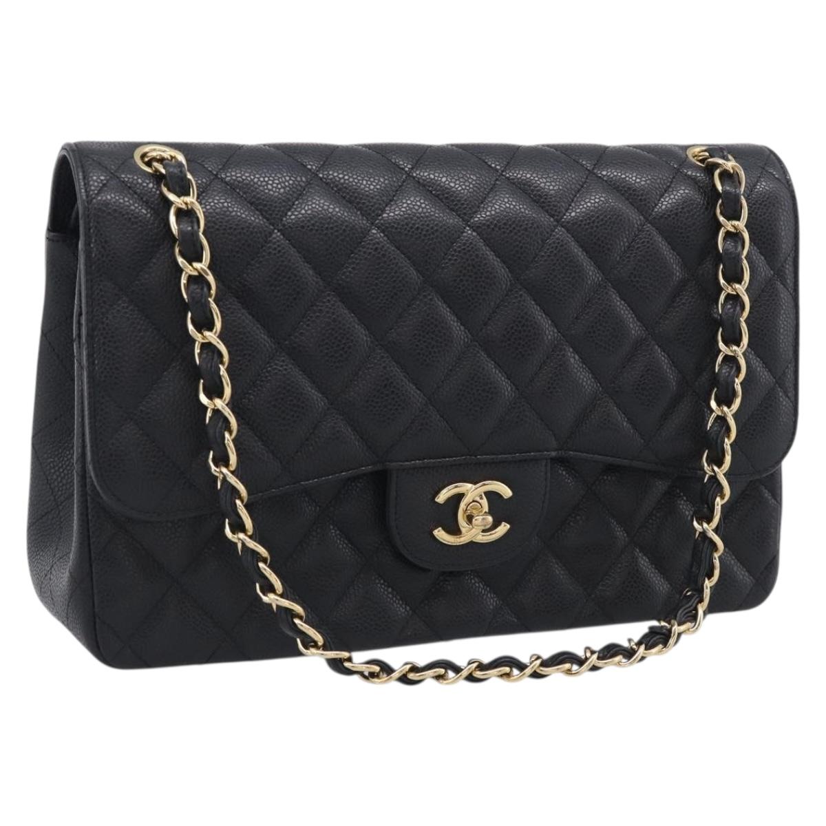 CHANEL Big Matelasse30 Chain Bag Caviar Skin Black Gold CC Auth 214053SAM