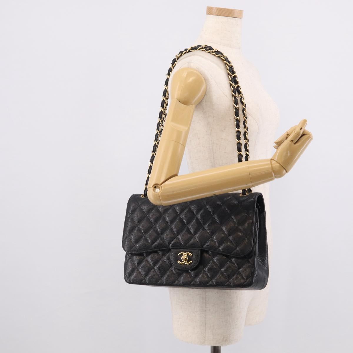 CHANEL Big Matelasse30 Chain Bag Caviar Skin Black Gold CC Auth 214053SAM