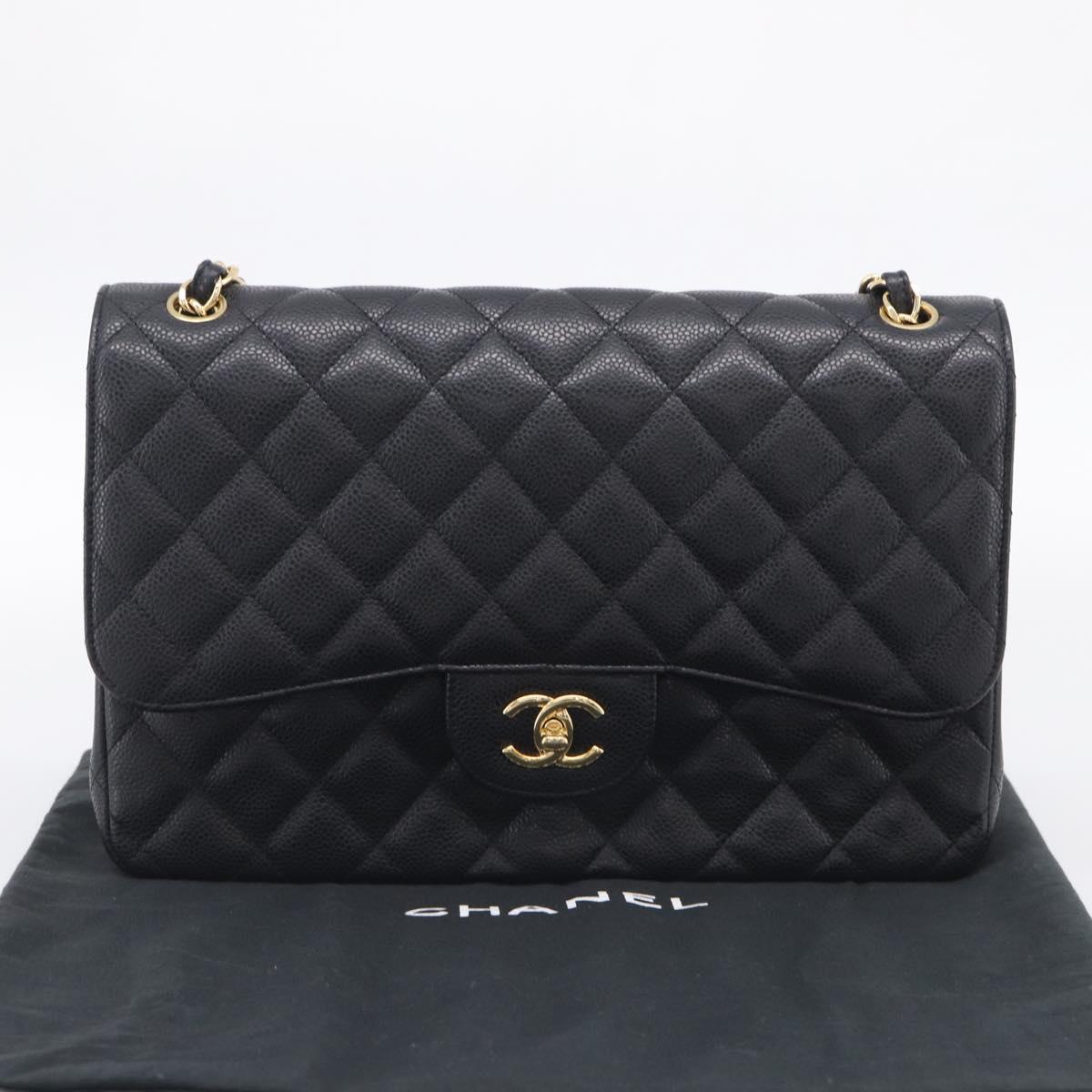 CHANEL Big Matelasse30 Chain Bag Caviar Skin Black Gold CC Auth 214053SAM