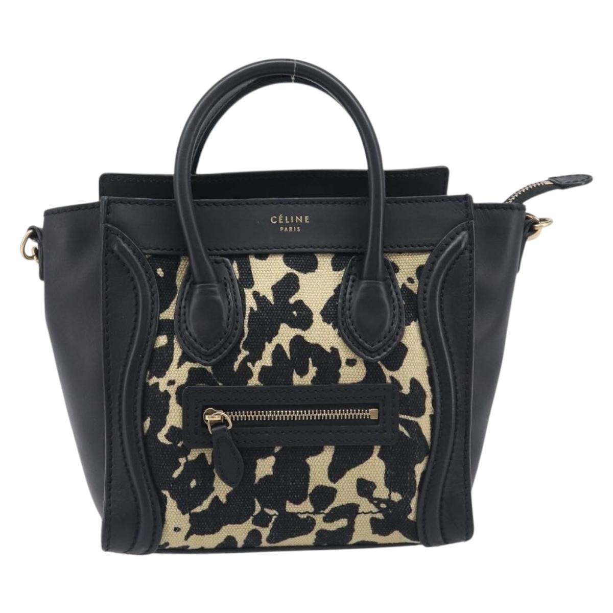 CELINE Leopard Pattern Luggage Nano Shopper Bag Canvas Leather 2way Auth 214054M