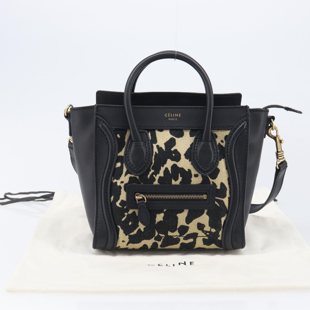 CELINE Leopard Pattern Luggage Nano Shopper Bag Canvas Leather 2way Auth 214054M
