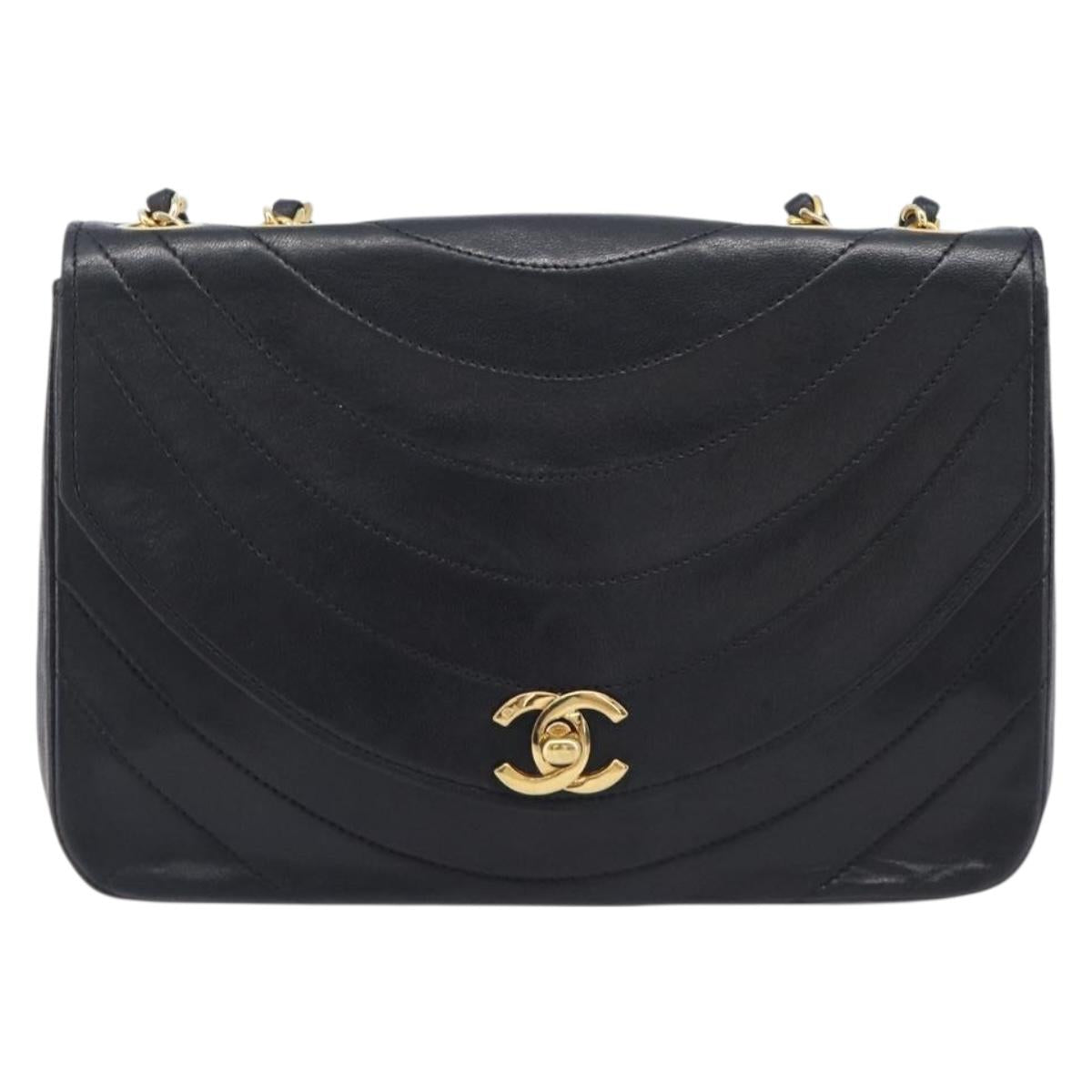 CHANEL Chain Shoulder Bag Lamb Skin Black Gold CC Auth 214056V