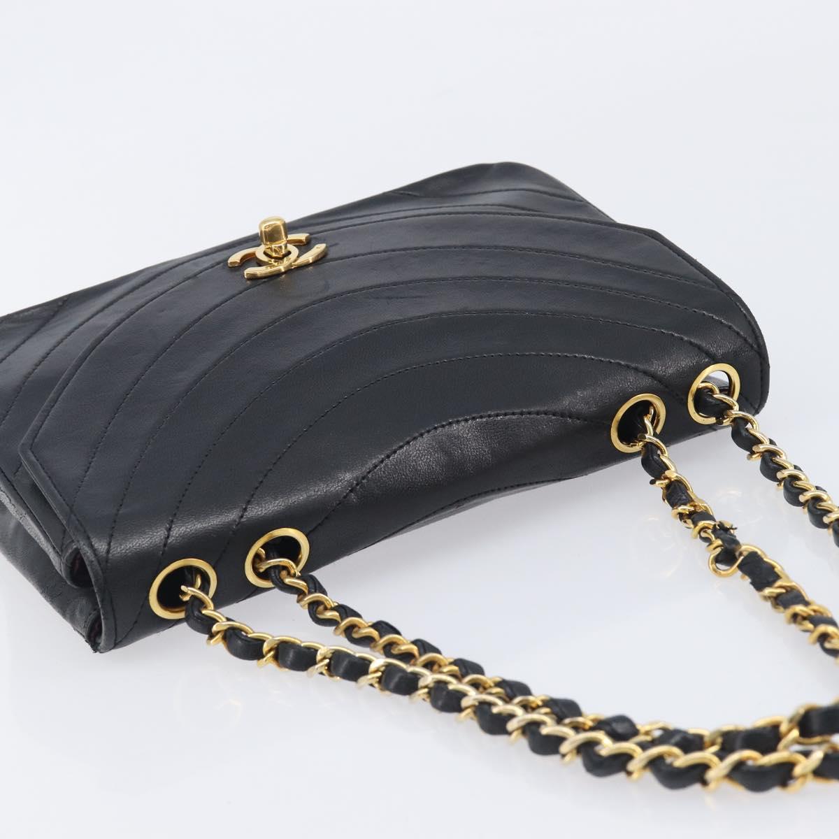CHANEL Chain Shoulder Bag Lamb Skin Black Gold CC Auth 214056V