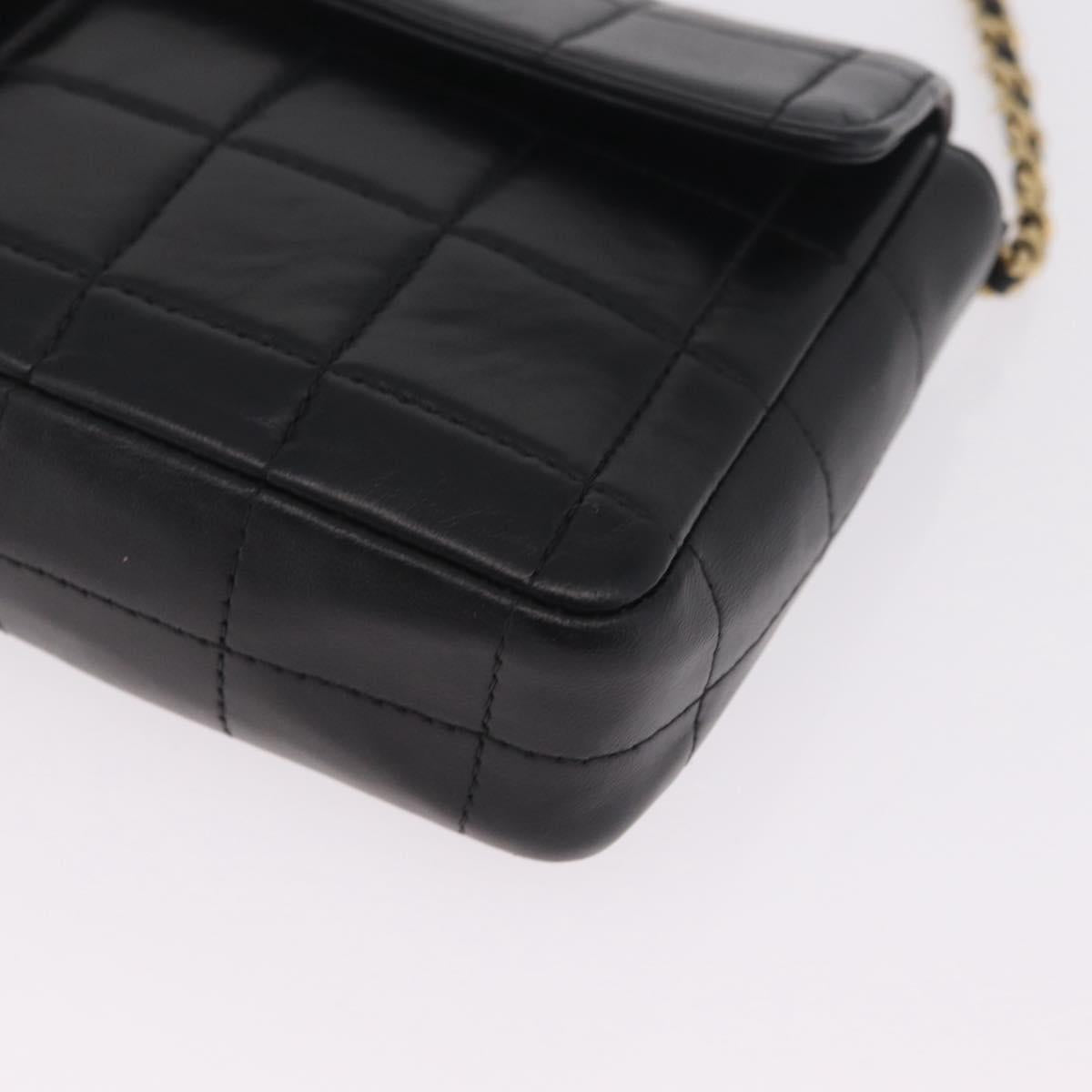 CHANEL Choco Bar Line Chain Shoulder Bag Lamb Skin Gold Black CC Auth 214068V