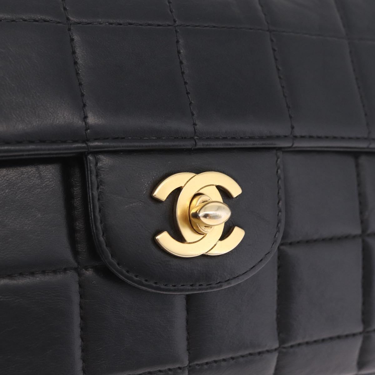 CHANEL Choco Bar Line Chain Shoulder Bag Lamb Skin Gold Black CC Auth 214068V
