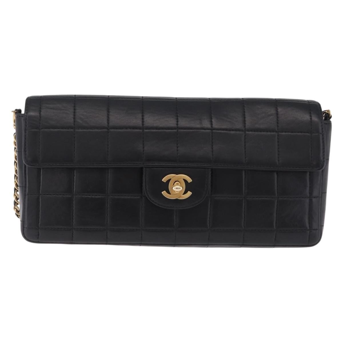 CHANEL Choco Bar Line Chain Shoulder Bag Lamb Skin Gold Black CC Auth 214068V