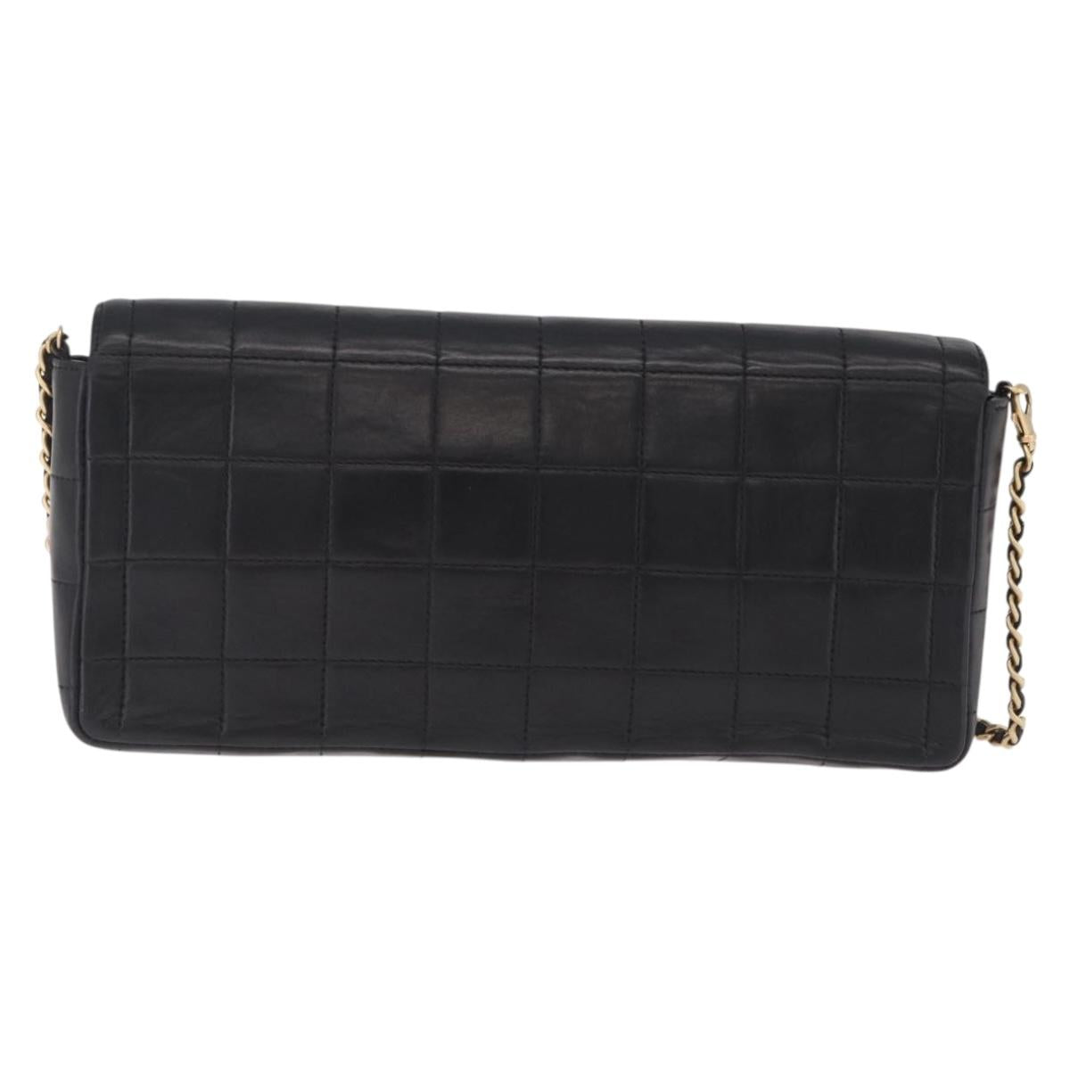 CHANEL Choco Bar Line Chain Shoulder Bag Lamb Skin Gold Black CC Auth 214068V