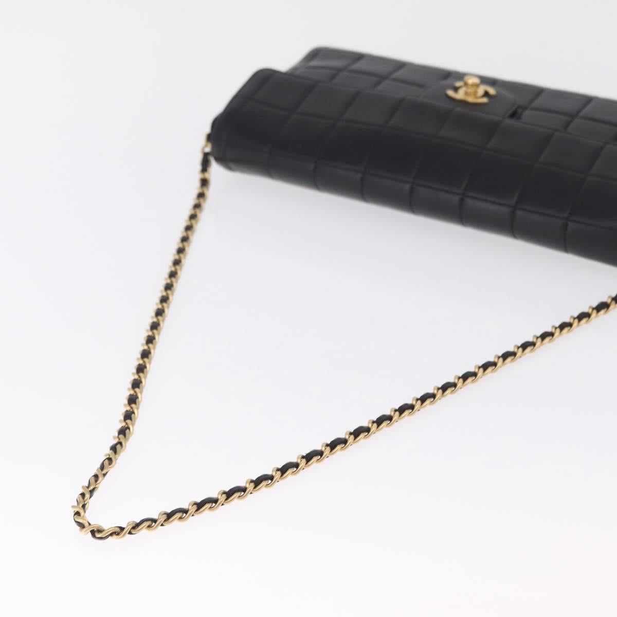 CHANEL Choco Bar Line Chain Shoulder Bag Lamb Skin Gold Black CC Auth 214068V