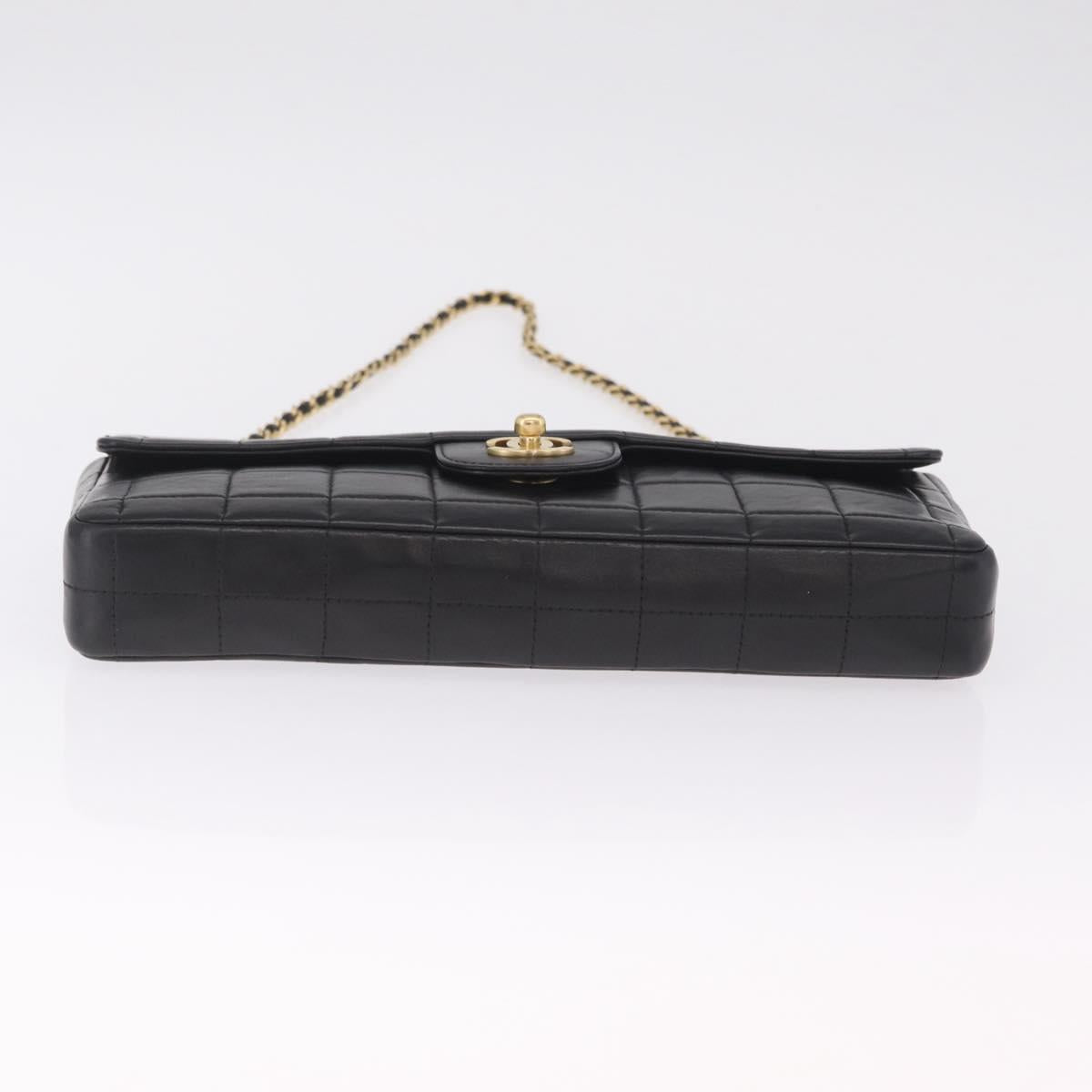 CHANEL Choco Bar Line Chain Shoulder Bag Lamb Skin Gold Black CC Auth 214068V