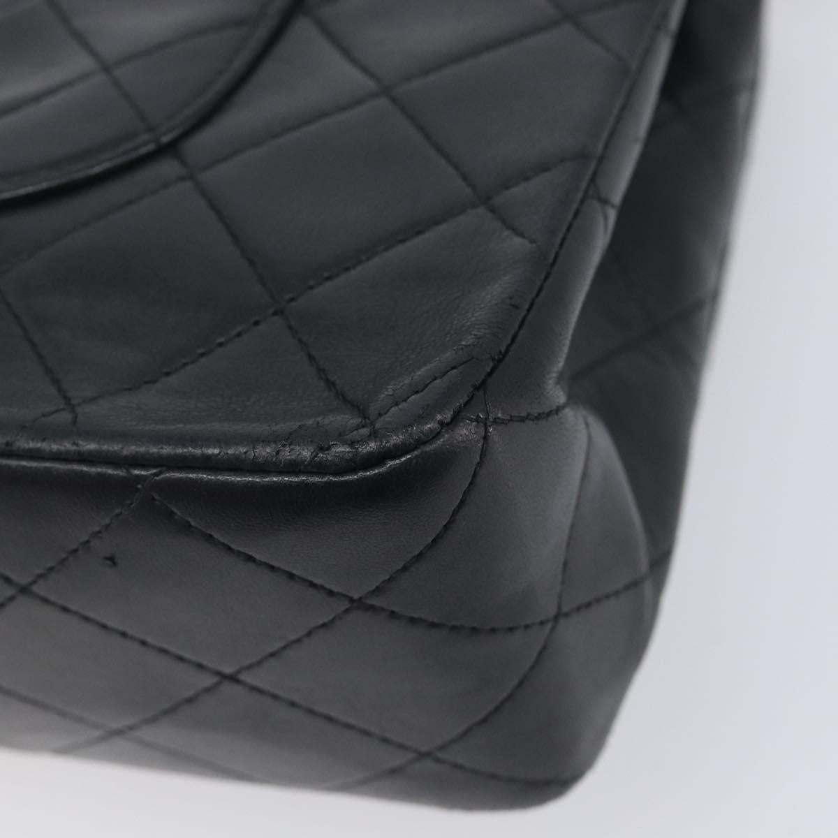 CHANEL Matelasse 25 Double Flap Chain Bag Lamb Skin Black Gold CC Auth 214103SAM