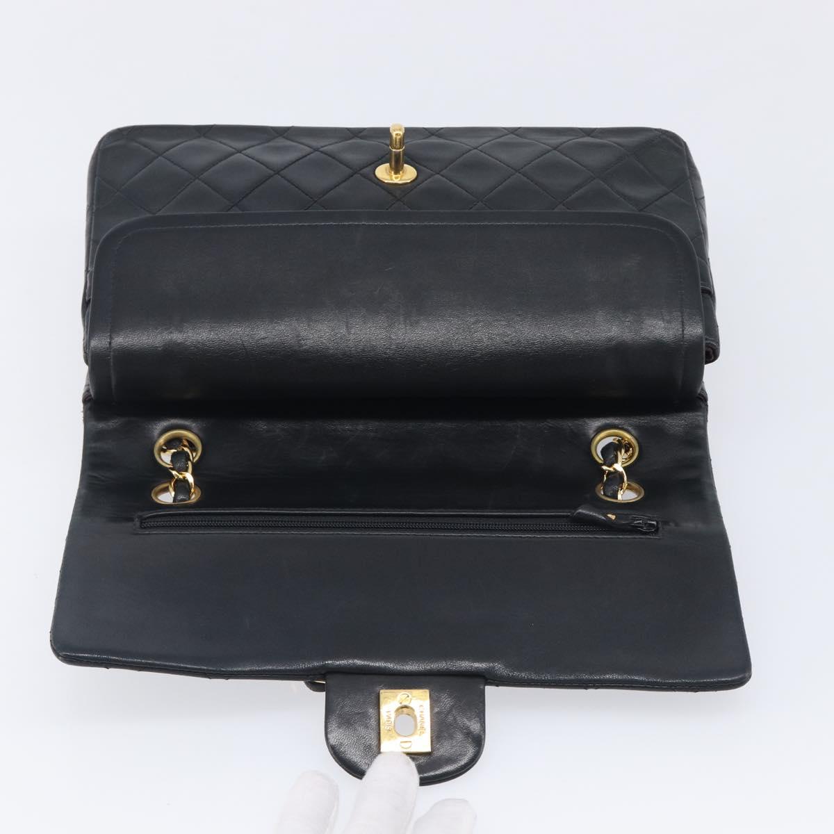 CHANEL Matelasse 25 Double Flap Chain Bag Lamb Skin Black Gold CC Auth 214103SAM