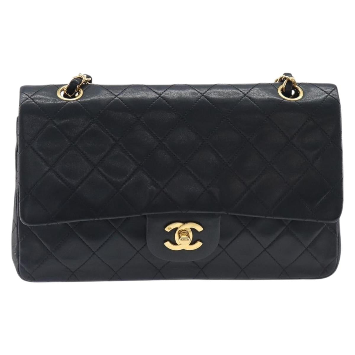CHANEL Matelasse 25 Double Flap Chain Bag Lamb Skin Black Gold CC Auth 214103SAM