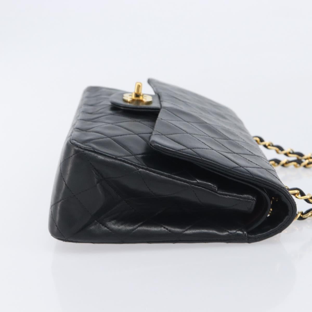 CHANEL Matelasse 25 Double Flap Chain Bag Lamb Skin Black Gold CC Auth 214103SAM