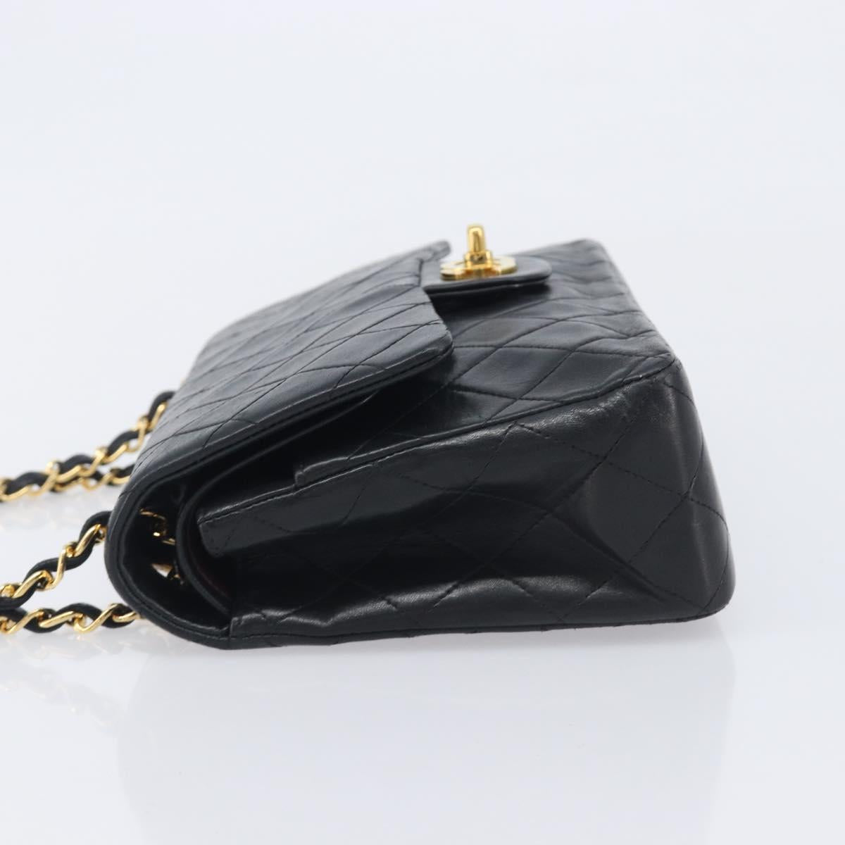 CHANEL Matelasse 25 Double Flap Chain Bag Lamb Skin Black Gold CC Auth 214103SAM