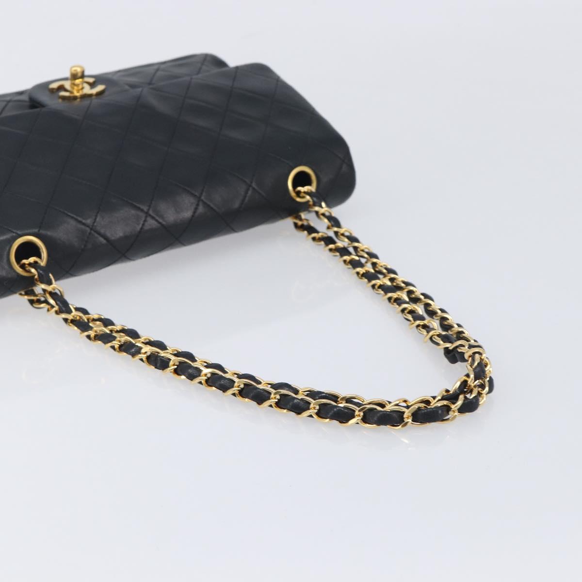 CHANEL Matelasse 25 Double Flap Chain Bag Lamb Skin Black Gold CC Auth 214103SAM