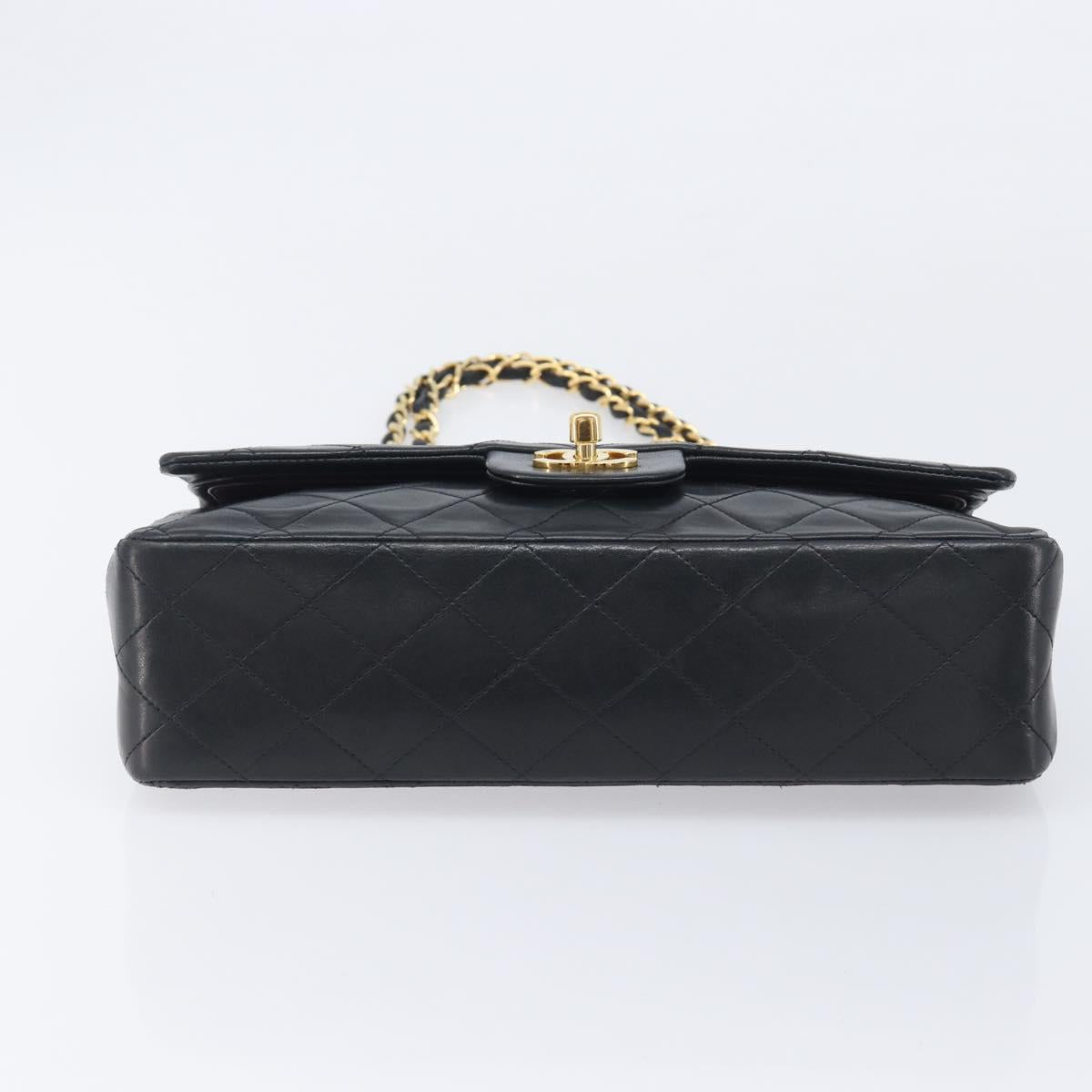 CHANEL Matelasse 25 Double Flap Chain Bag Lamb Skin Black Gold CC Auth 214103SAM