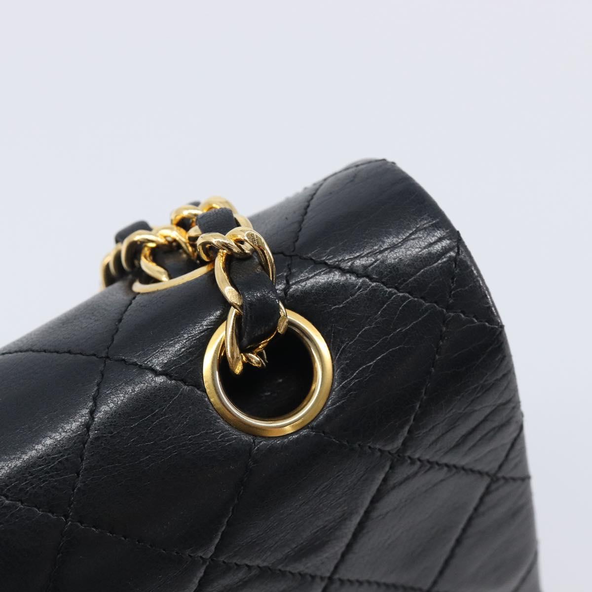 CHANEL Matelasse 25 Double Flap Chain Bag Lamb Skin Black Gold CC Auth 214105SAM