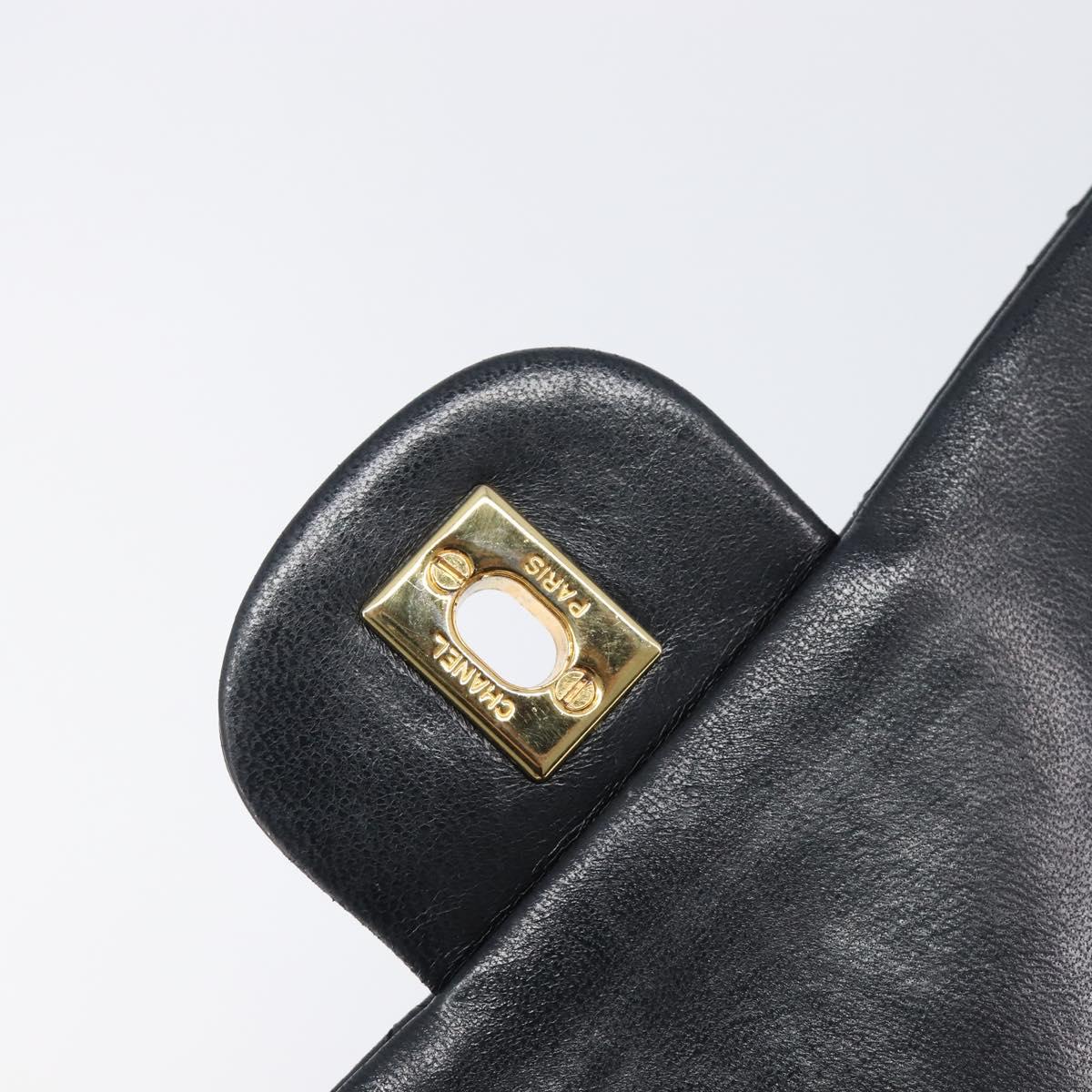 CHANEL Matelasse 25 Double Flap Chain Bag Lamb Skin Black Gold CC Auth 214105SAM