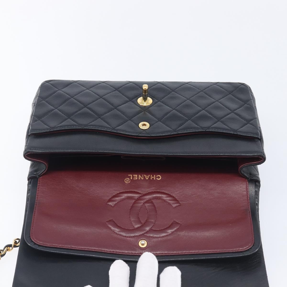 CHANEL Matelasse 25 Double Flap Chain Bag Lamb Skin Black Gold CC Auth 214105SAM