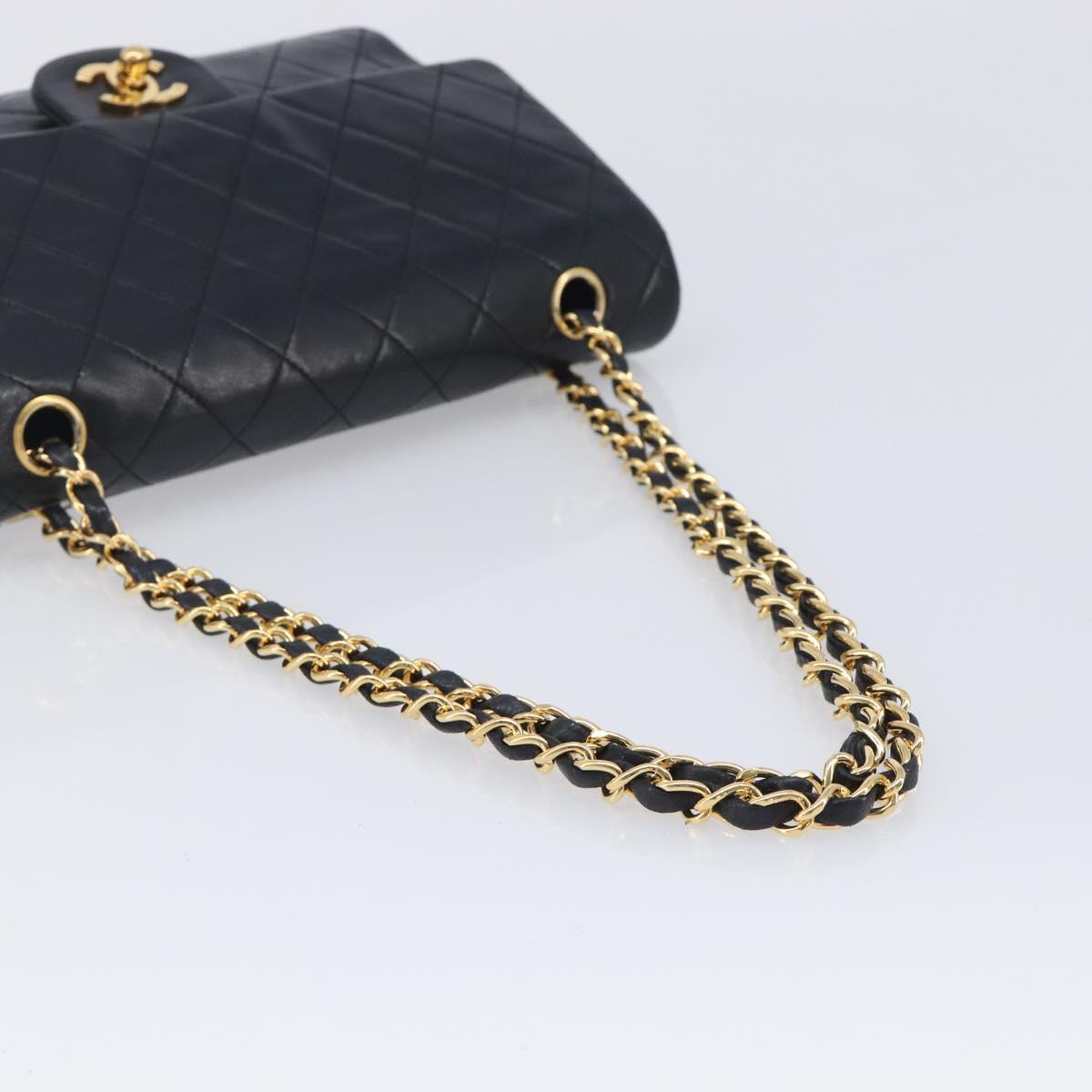 CHANEL Matelasse 25 Double Flap Chain Bag Lamb Skin Black Gold CC Auth 214105SAM