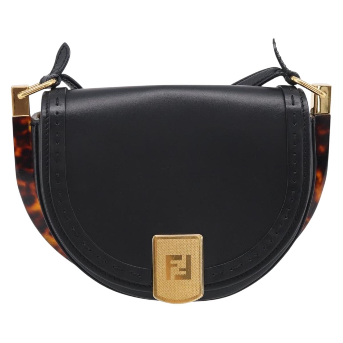 FENDI Moonlight Shoulder Bag Leather Black Gold Auth 214143V
