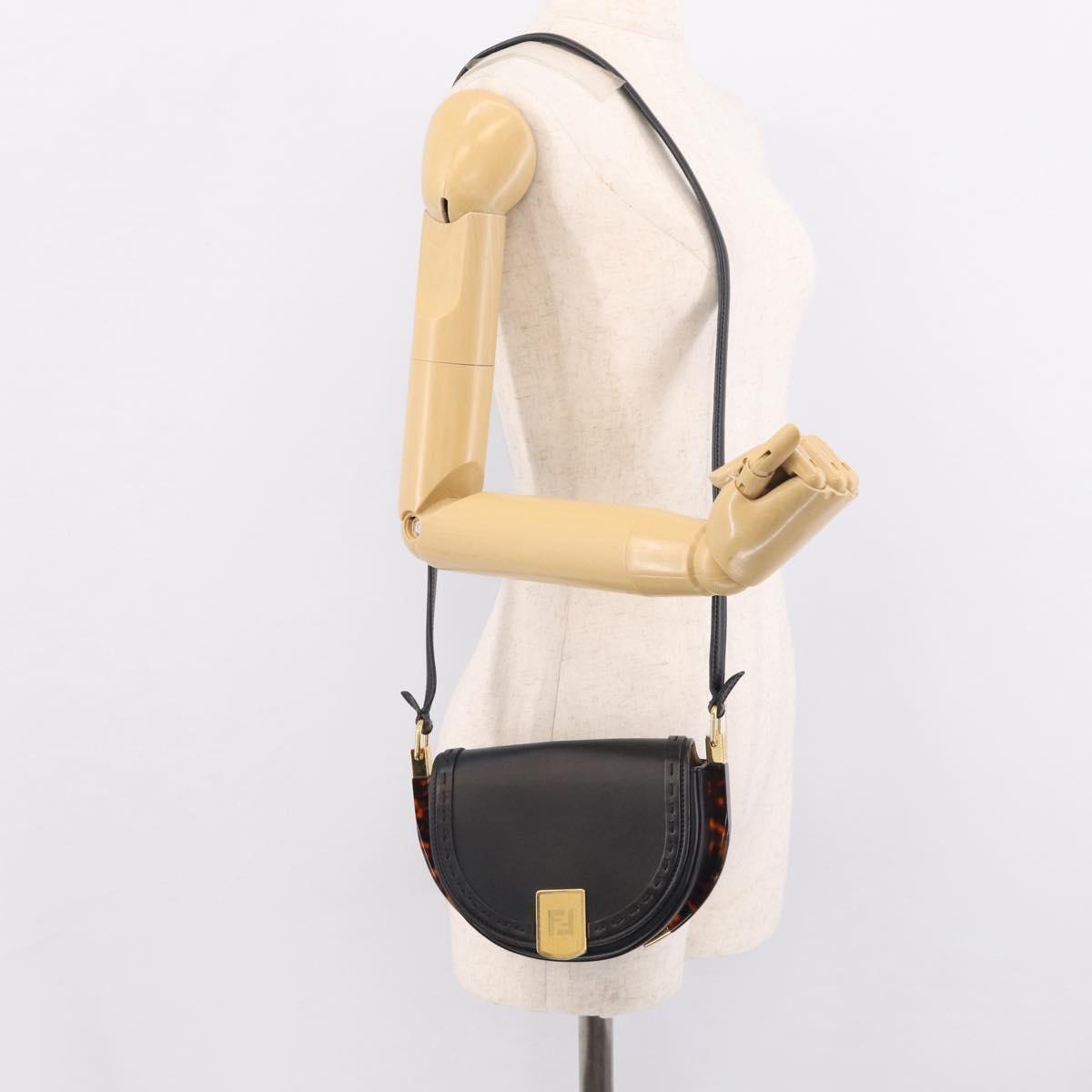 FENDI Moonlight Shoulder Bag Leather Black Gold Auth 214143V