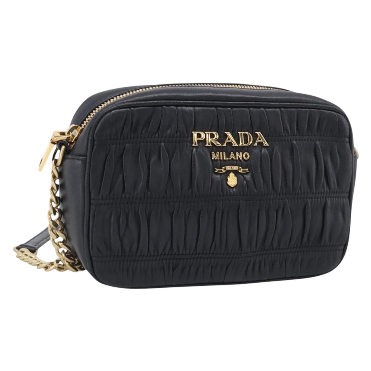 PRADA Gathered Chain Shoulder Bag Leather Black Gold Auth 214245V