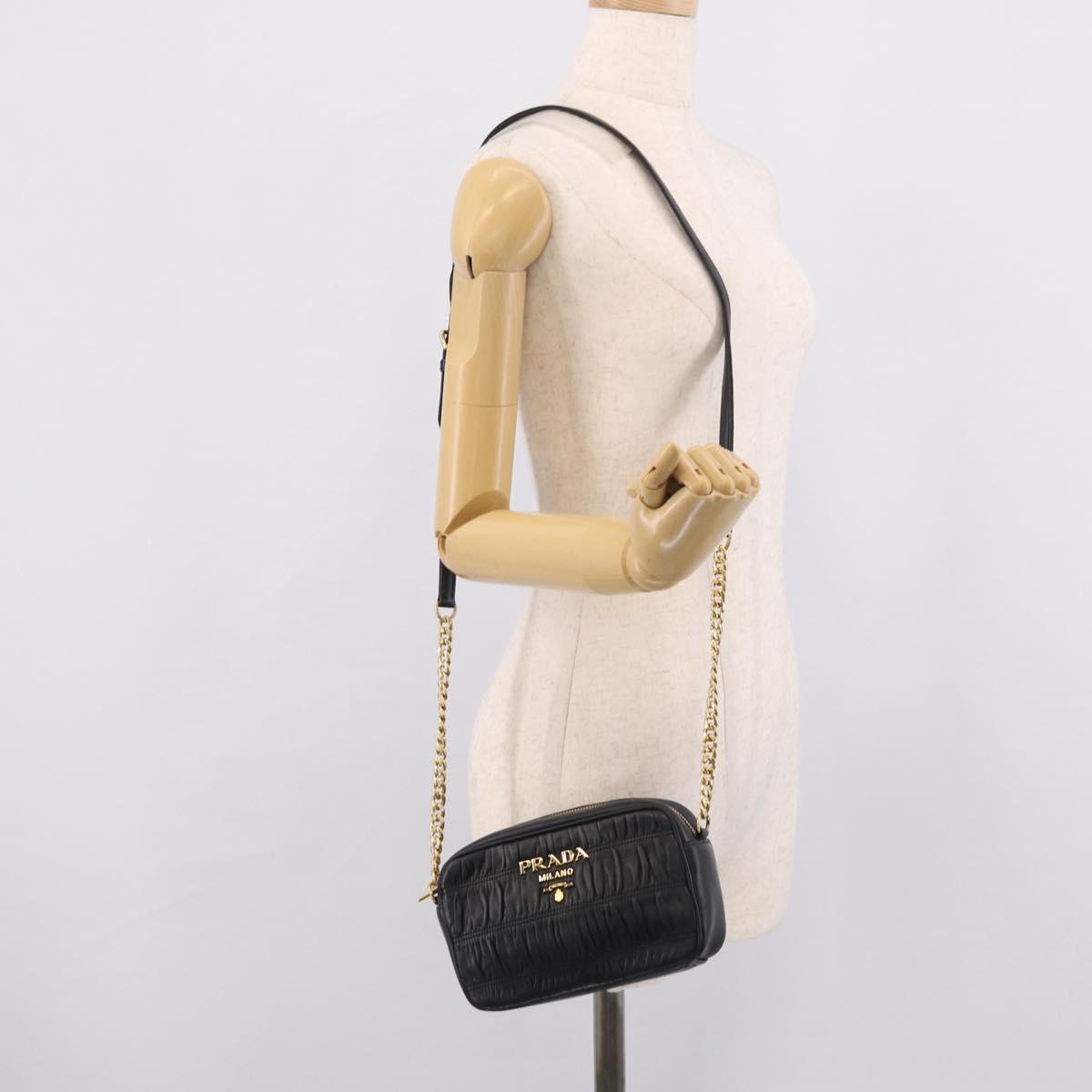 PRADA Gathered Chain Shoulder Bag Leather Black Gold Auth 214245V